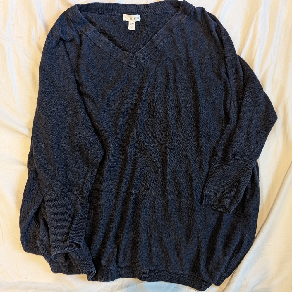 Garnet Hill Lagenlook Linen Oversized V- neck Loose Navy Sweater Top Size L